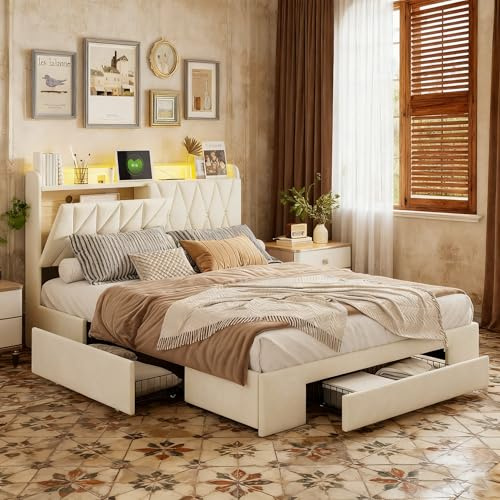 BRYXR Polsterbett 160x200 cm, Doppelbett mit Nieten und Nachttischaufbewahrung, Mit LED-Beleuchtung & USB-Ladeanschlüssen, ideal für Schlafzimmer und Ordnung,Einfache Montage