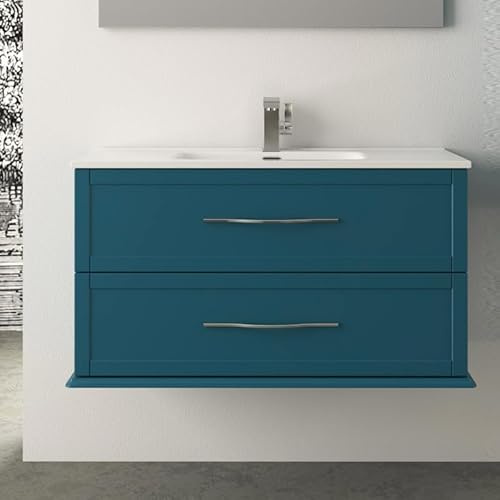 Yellowshop - Mobile bagno sospeso 100 cm MDF Ted, Mobile con lavabo in ceramica, 2 cassetti in metallo con guide regolabili, maniglie cromate, Blu Petrolio