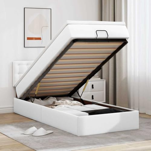 ACAGALA Boxspringbett mit Bettkasten 100x200 cm, Einzelbett Polsterbett mit Matratze, Stauraumbett mit LED-Kopfteil und USB-Anschlüsse, Bettgestell mit Lattenrost aus Holz, Kunstleder, Weiß