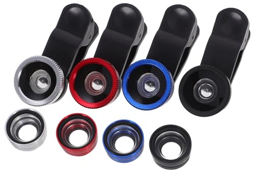 Handy Objektivset 4 Stück aus Glas und Aluminiumlegierung für Smartphone | Weitwinkel, Makro und Fisheye, Clip On Befestigung für Mobile Fotografie Unterwegs