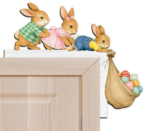 Happirra Türschmuck Osterdeko aus Holz – 3 Hasen mit Ostereiern, doppelseitig Bedruckt – Lustige Ostern Deko für Tür, Fenster, Kamin & Kühlschrank