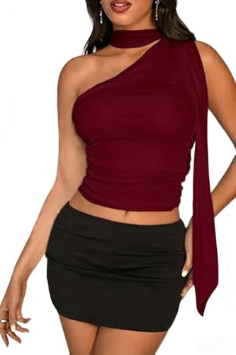 makabaky Neckholder Crop Top Damen Asymmetrisch One Shoulder Festival Party | Sexy Ärmelloses Oberteil mit Asymmetrischem Schnitt, Ideal für Konzerte, Clubbing und Alltag