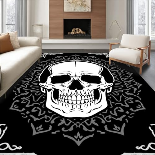 Design&I Low Pile Flatwoven Area Rug 2x3, Spooky Skull Latch Hook Cushion Needlecraft Project, Machine Washable, Stain Resistant Indoor Rug for Living Room, Bedroom, Non Slip(Black, 2x3)