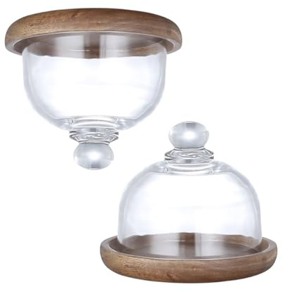 BESPORTBLE Lot de 2 Sets de Mini Plateaux à Gâteaux en Bois Cloche en Verre, Mini Assiettes à Dessert en Bois Naturel, Plateau de Service pour Maison, Restaurant, Fêtes et Présentation