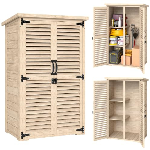 Outsunny Armoire de Jardin Remise pour Outils en Bois 75x50x118cm Naturel | 2 Étagères, Toit Bitumé, Portes Persiennes, Verrouillable, Rangement Extérieur