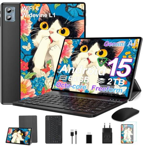 SUAAT 2026 - Tablet Android 15 Octa Core de 10 pulgadas con 64 GB RAOM +2 TB TF | 5G + 2.4G WiFi | FHD | GMS | Bluetooth 5.0 | 8MP + 5MP | Tipo C, tableta táctil con funda, teclado y ratón, color