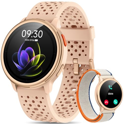 Quican Smart Watches for Women Men, 1.27 Round, Answer/Make Call, Pink | Fitness Watch, Heart Rate/Sleep/SpO2 Monitor, 120+ Sports, 1ATM Waterproof, Android iOS Compatible, 2 Straps, Smartwatch Gift