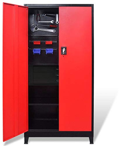 RCODSSK Heavy Duty Steel Tool Cabinet 90x180 cm with Removable 3-Drawer Tool Chest, Red and Black, 3-Point Locking System
