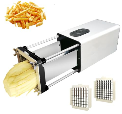 Taglia Patate Automatico, Taglia Patate Elettrico con Lame da 1/2 e 3/8 Pollice, Controllo a Pulsante, Acciaio Inossidabile e Facile Pulizia, Affettatrice per Patate Elettrica for Cucina Comme silver