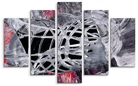 Paul Sinus Art 5 teiliges Wandbild auf Leinwand (Gesamt: H: 100cm B: 160cm) Keilrahmenbild Canvas Fotodruck Leinwandbild Leinwanddruck Kunstdruck Wandbild grau schwarz rot Schliere