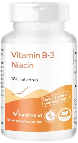 Vitamintrend Vitamina B3 Niacina 100 mg, 180 tabletas, fácil de tragar, alta dosis, complemento alimenticio vegano sin estearato de magnesio, fabricado en Alemania