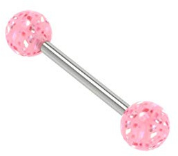 Glitter Tongue Bars/Nipple Rings | Surgical steel 316L barbells body piercing | 14G (1.6mm) Thickness, 14mm bar length, 6mm Glitter Balls (Pink Glitter)