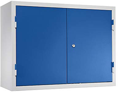 eurokraft | Werkstatt-Hängeschrank | HxBxT 600 x 800 x 320 mm | Vollblechtüren | mit 2 Fachböden + 2 Schubladen | enzianblau RAL 5010