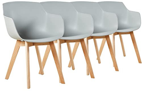 DORAFAIR 4er Set Stuhl Skandinavisch Modern Esszimmerstuhl Bürostuhl Wohnzimmer Sessel, Retro Stuhl Küchenstuhl Armlehne mit Solide Buchenholz Bein, Grau