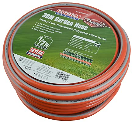 Faithfull 30M (98ft) Prestige Heavy-Duty Reinforced PVC Garden Hose 12.7 mm (1/2 Inch) Diameter, Orange