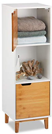 Relaxdays Pieds, Etagère de Salon avec Porte, Armoire d’appoint en MDF et Bambou, HLP 101x32x30 cm, Blanc, Weiß, 101 x 32 x 30 cm