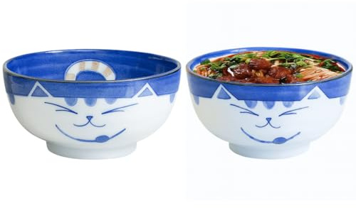 JapanBargain 2471 - Set di 2 ciotole in porcellana giapponese per servire zuppa di miso Pho Ramen Udon Donburi e insalata, motivo gatto sorridente Maneki Neko, 18 fl.oz. 5 pollici, colore blu