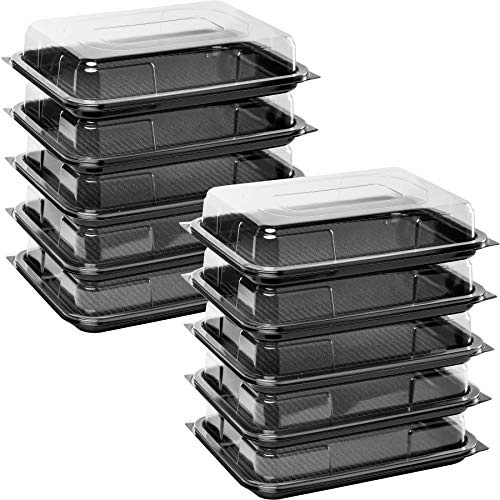 delisupplies Pack of 10 Small Rectangle Food, Cake, Sandwich Platter Tray Set, Black Tray Base with Clear Lid Durable Buffet Catering Food Sandwich Trays (L340mm x W250mm X D70mm with Lids)