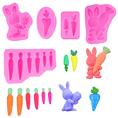 Rolin Roly 5pcs Moule en Silicone Lapin Moule de Gâteau de Carotte Moule à Mini Fondant Outils de Cuisson à Chocolat Moule Fondant Rose pour DIY Gelée Sucre Faire Pain Fabrication de Savon