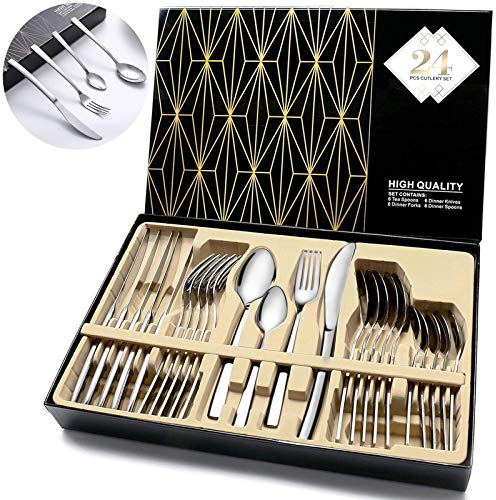 Cutlery Set, 24 Piece Cutlery Set Stainless Steel Flatware Silverware Set Including Dinner Knife Fork Spoon and Teaspoon Mirror Polished & Dishwasher Safe Cutlery Utensil Set Service for 6 (Silver)