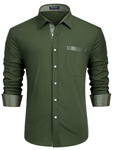 Enlision Mens Shirts Long Sleeve Button Up Dress Formal Texudo Dark Green a Shirts for Men UK Regular Fit with Pocket Buttons for Casual Office M