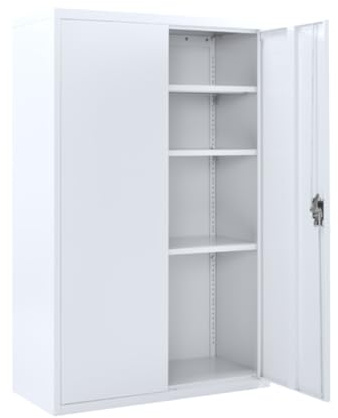 MMT Steel Storage Cabinet, White Metal 2 Door Lockable Filing Cabinet Unit 140cm Tall 3 Adjustable Shelves, Office Files & Folder Garage Workshop Tool Storage, Utility Room