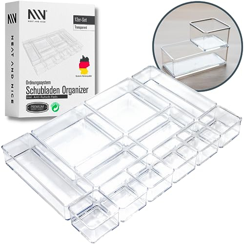 NEAT AND NICE - 12 teilig transparent Schubladen Organizer inkl. Antirutsch-Pads in 4 versch. Größen | Schubladen Ordnungssystem für Büro Bad Küche | Make Up Organizer für Schminktisch