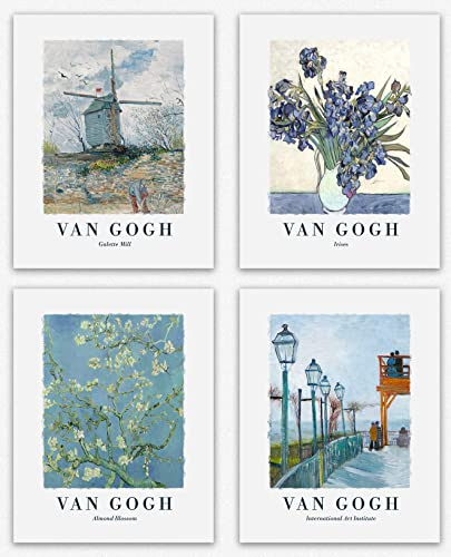 Van Gogh wohnzimmer deko modern - Famous Wanddeko Set 4 Blue Paintings Van Gogh Blossom, Flower, Windmill Van Gogh Poster Gift Set of Vincent Van Gogh / Home Decor Gifts deko aesthetic (28cm x 36cm)