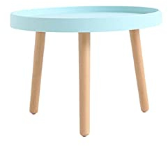 Runder Tabletttisch 50 cm, Schlafzimmer, Balkon, Couchtisch, Sofa, Beistelltisch, weiß, rosa, blaue Kunststoffplatte, original Buchenholzbeine, niedriger Couchtisch für Wohnzimmer, blau, 50 x 50 x 35