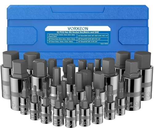 VORXEON 32PCS Sechseckige Steckschlüssel Rohrsteckschlüsselsatz Master HEX Bit Socket Set SAE- Und Metrische Sets 2MM-19MM & 5/64 - 3/4, 3 Größen 1/4 3/8 1/2 Zoll Mit Aufbewahrungskoffer