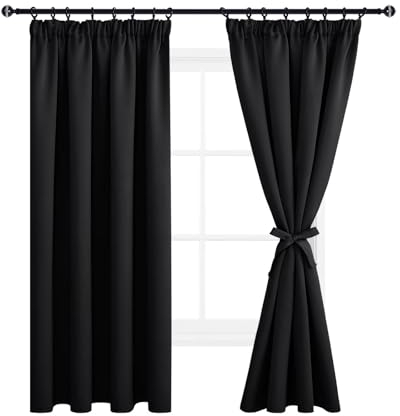 DWCN Vorhang Blickdicht Verdunkelungsgardinen mit Kräuselband, 2er Set H 175 x B 140 cm Vorhänge Wohnzimmer mit Vorhang-Krawatten, Wärmeisolierende Vorhänge Thermovorhang Kälteschutz，Schwarz