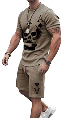 Osheoiso Trainingsanzug für Herren Sommer Sportanzug 2 Teiliges Bedruckter Outfit Set Kurzarm T-Shirts mit Rundhalsausschnitt + Kurze Hose Freizeitanzug für Männer