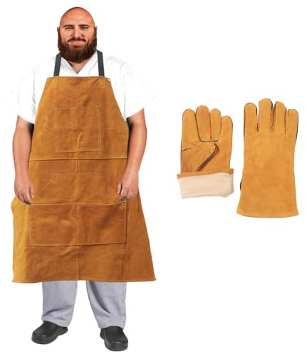 Urby Plus Size Apron For Wood Working, 16oz Ready Wares Waxed Canvas Apron Fits Waist W36+, XL, XXL Or Plus. Ideal For Woodworking, Workshop, Or Wood Shop. (Plus Size: Leather + Gloves)