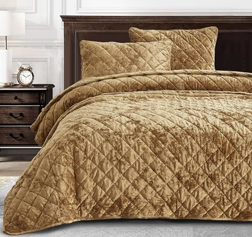 Chezmoi Collection Lux Steppdeckenset, plüschige strukturierte Samtbettwäsche, leichte Ganzjahresdecke mit Rautensteppung und gebürsteter Mikrofaser-Rückseite, Karamellgold, King-Size, 3-teilig