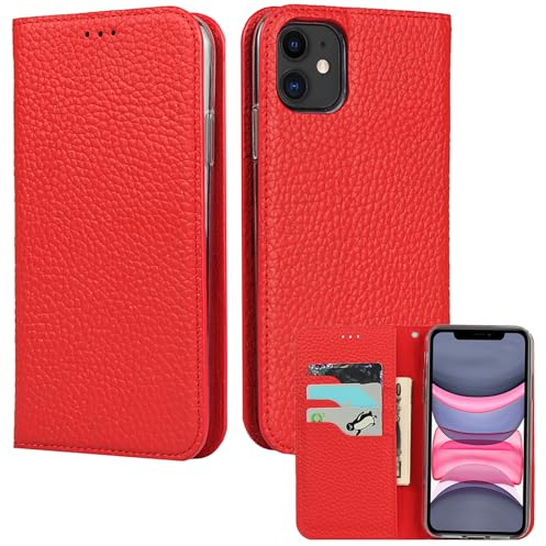 ELTEKER Hülle iPhone 11 Handyhülle [Echtes Leder] Klapphülle iPhone 11 mit Kartenfach,Schutzhülle Leder Hülle für iPhone 11-Rot