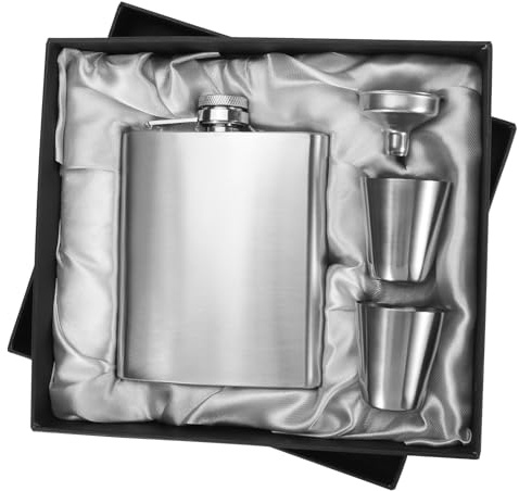Hip Flask Gift Set of 4, 7 Oz Drinking Flasks for Liquor for Men Women, Stainless Steel Alcohol Whiskey Flask with Funnel & 2 Cups, Metal Pocket Flask Gift Box for Wedding Groomsmen (Silver)