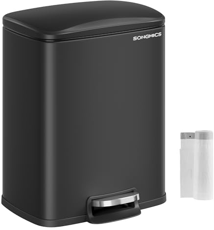 SONGMICS Trash Can, Garbage Can with Lid, 5.2-Gallon (20L) Step Trash Bin for Kitchen, Stainless Steel, Soft Close and Stays Open, Inner Bucket, Includes 15 Trash Bags, Black ULTB543B01