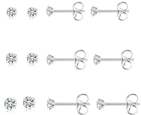 3 Pairs Sterling Stud Earrings for Women Cubic Zirconia