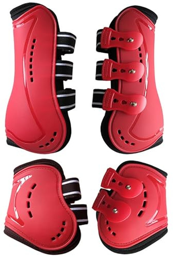 Merauno® Gamaschen & Streichkappen, 4er Set Gamaschen Pferdesehne Bandage mit Robust Elastisch, PU Shell, Neopren atmungsaktiven Löchern für Springen, Reiten, Events (L, Rot)