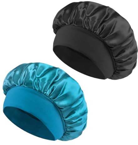2 Stück Seidenhaube, Seidenhaarwickel zum Schlafen, weiche und Bequeme Satin-Schlafmütze, verstellbare Schlafhaube mit Gummiband zur Befestigung auf dem Kopf（Schwarz, Pfauenblau）