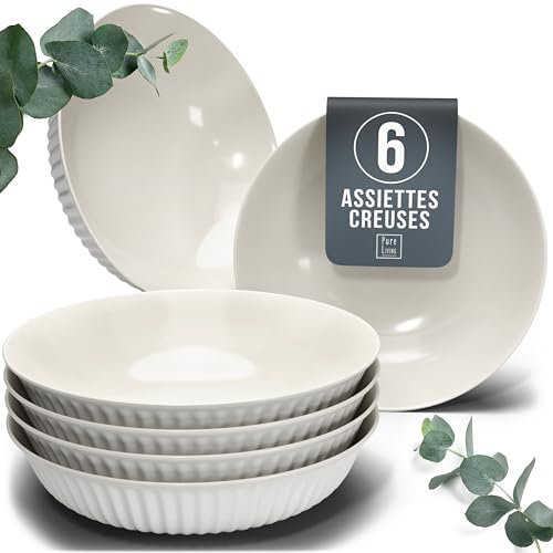 Stylish Soup Plate Set Hygge Series - Premium Stoneware, Scratch Resistant, Dishwasher and Microwave Safe - Stylish Deep Plate Set for 6, Large Deep Pasta Plates - Grooved Deep Plates in Light Grey