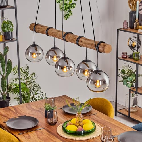 HOFSTEIN Pendelleuchte Koyoto, 5-flammige Hängelampe aus Metall/Holz/Glas in Schwarz/Natur/Chrom/Rauch/Klar, Hängeleuchte mit Glasschirmen und Holzbalken, max. 150cm, E27, Esszimmer, Wohnzimmer, Küche