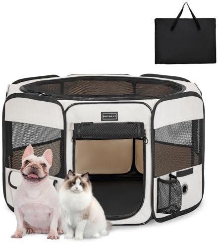 PETSFIT faltbar Welpenauslauf Tierlaufstall für Kleintiere Hunde Katzen,Hundelaufstall Freigehege mit Wasserdichter Boden,Pop-up System Kausicheres Design,Grau,S,75 * 68 * 42cm