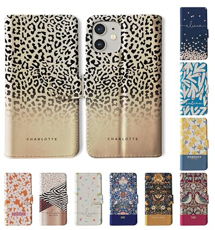 Tirita Personalised Wallet Phone Case for iPhone 15 With Card Holder – Leather Flip Case or Cover With Custom Name – Cute Personalised Gift for Women [17. Leopard Print]