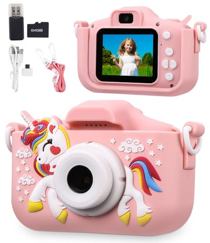 Appareil Photo pour Enfants, 2.0 Pouces Enfant Appareil Photo Numérique, Mini Caméra Rechargeable Caméscope Cadeau Jouet Filles Garçons de 3 à 10 Ans, vidéo HD 1080p,64G SD Carte,Caméras Jeu Enfant