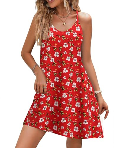 Zeagoo sommarklänning dam boho spagettiremmar klänning sexig ärmlös strandklänning blommor miniklänning kort fritidsklänning, Röda blommor, S