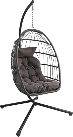 Egg Chair Garden Swing Seat Rattan Foldable Hanging Hammock with Cushions Stand UV Resistant Outdoor Indoor Furniture (Dark Grey)