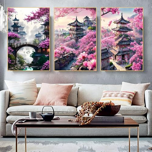 IUNTWEIE japanskt landskapsposter, japanskt tempel på hösten svart/vit väggmålning konsttryck väggdekoration vägg vardagsrum väggdekoration, utan ram (C, 30 x 40 cm x 3)
