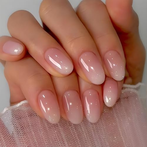 24PCS Short Almond Press On Nails – Gradient French Tip Fake Nails, Elegant Stick-On Set for Women, ABS Material for Daily Wear
