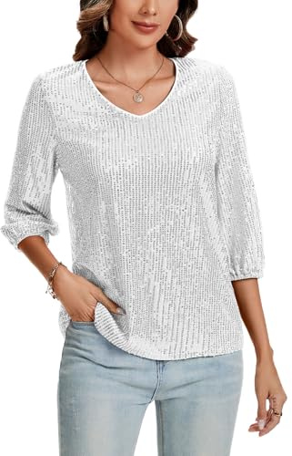 Kyzoeyou Damen Pailletten Glitzer Tops Oberteil 3/4 Ärmel V-Ausschnitt T-Shirt Bluse Lose Freizeit Party Festival Club (Silbrig L)